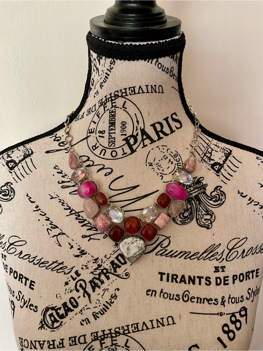 Multi-Gemstone 925 Rhodochrosite, Dendritic Opal, Red Jasper, Amber + Necklace